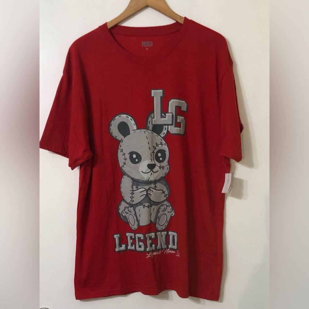 Men’s red crewneck T-shirt Legends Never Die with Bear Graphic short sleeves. XL